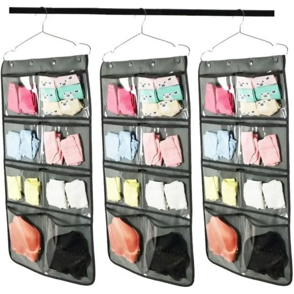 Hanging closet organizer dual sided with clear pockets for underwear socks bras